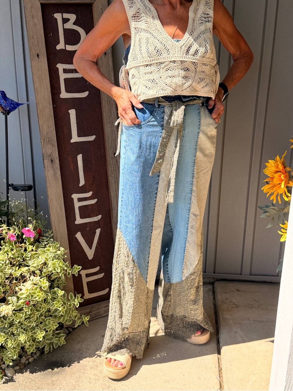 Boho Two-Tone Blue and Cream Patchwork Wide-Leg Pants